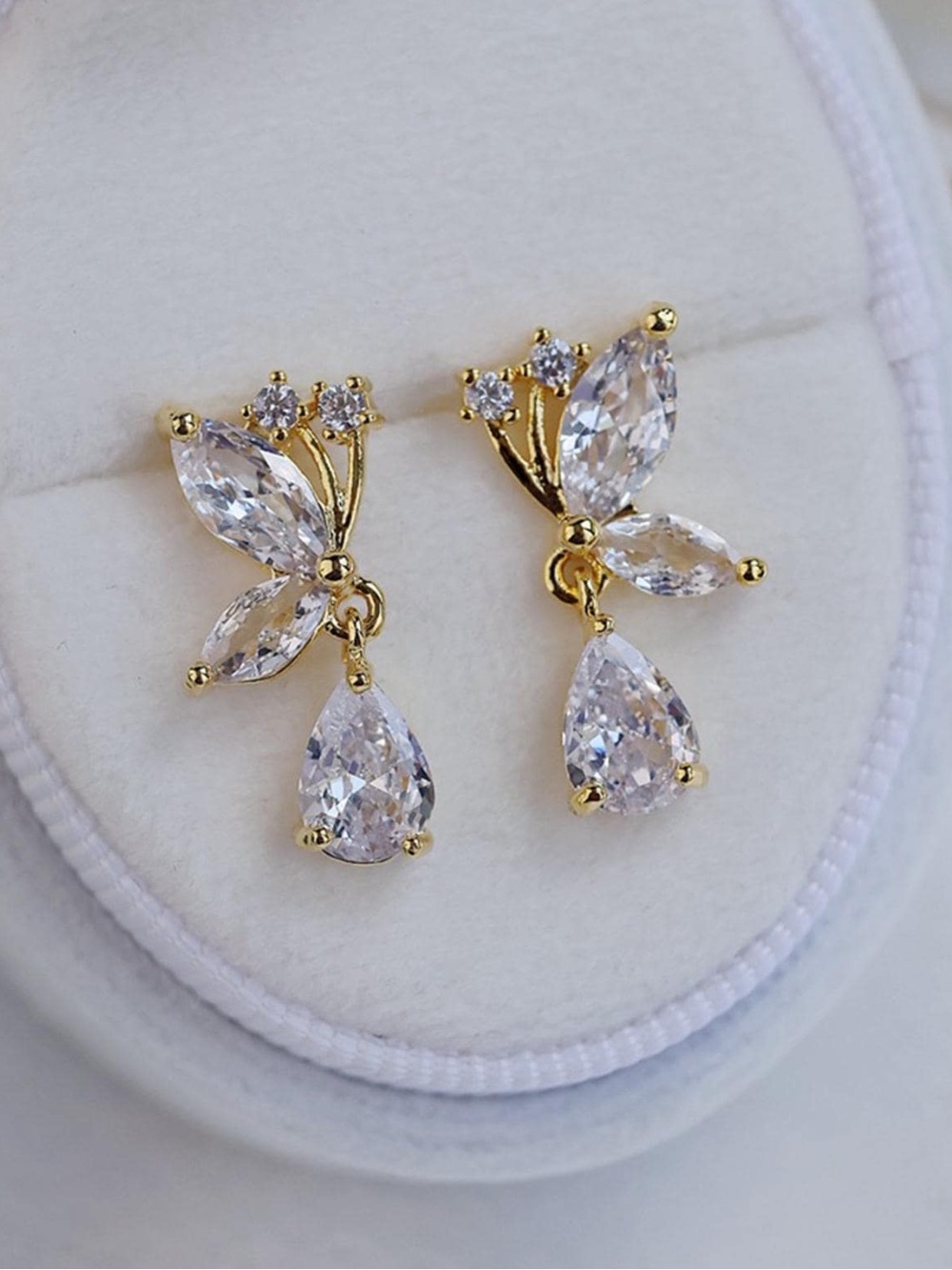 Gold Cubic Zirconia Teardrop Butterfly Drop Earrings - Elegant Clear Crystal
